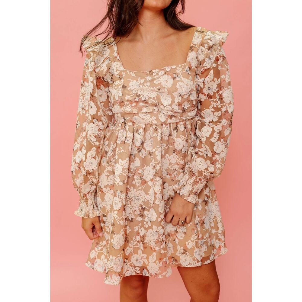 New En Saison Floral Mini Dress long sleeves Cottagecore Smocked Cuffs ruffles